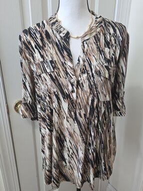 COCOMO BRAND WOMAN'S PETITE BROWN AND BLACK WATERCOLOR PULLOVER TOP SIZE PXL.